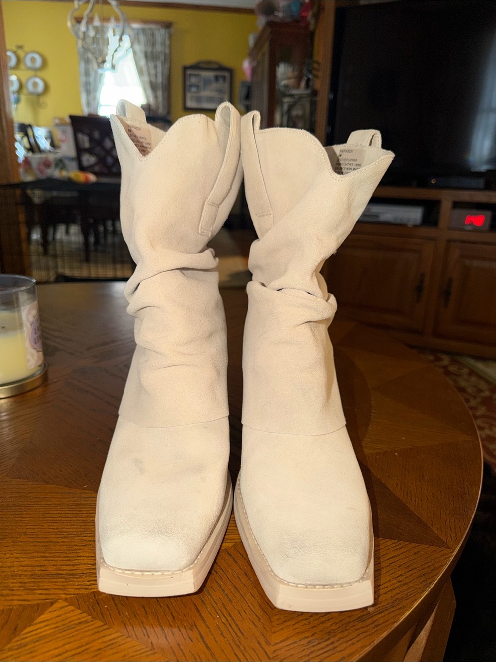 Steve Madden Off-White Slouchy Square-Toe Mid-Calf Lace-Up Boots